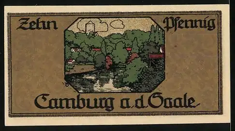 Notgeld Camburg a.d. Saale, 1921, 10 Pfennig, Heilige Figur und Landschaft mit Burg