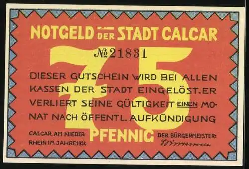 Notgeld Calcar 1920, 75 Pfennig, Rathaus und St.Nicolai Pfarrkirche Abbildung