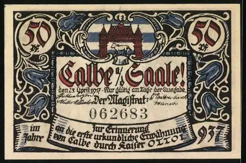 Notgeld Calbe 1917, 50 Pfennig, Darstellung von Tor und Stadtwappen