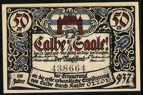 Notgeld Calbe an der Saale 1917, 50 Pfennig, Bildhauer, Wappen