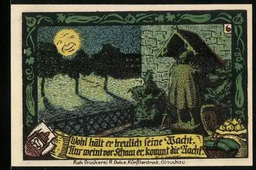 Notgeld Calbe / Saale 1921, 50 Pfennig, Vollmond-Szene mit Spruch und Stadtmotiv