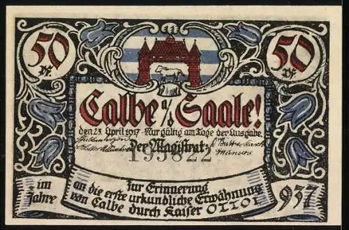 Notgeld Calbe / Saale 1921, 50 Pfennig, Vollmond-Szene mit Spruch und Stadtmotiv