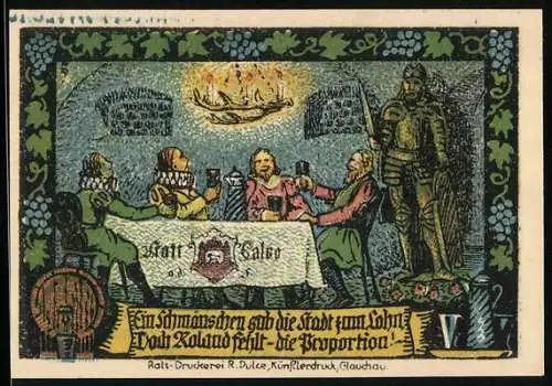 Notgeld Calbe / Saale, 1921, 50 Pfennig, Ein Schmaus und Festgesellschaft mit Ritterstatue und Stadtwappen