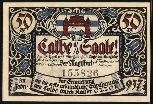 Notgeld Calbe / Saale, 1921, 50 Pfennig, Ein Schmaus und Festgesellschaft mit Ritterstatue und Stadtwappen