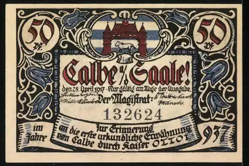 Notgeld Calbe / Saale 1917, 50 Pf, bunte Illustration einer mittelalterlichen Szene