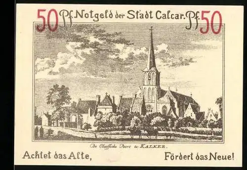 Notgeld Calcar, 1922, 50 Pfennig, historische Kirche und Mann mit Schriftrolle