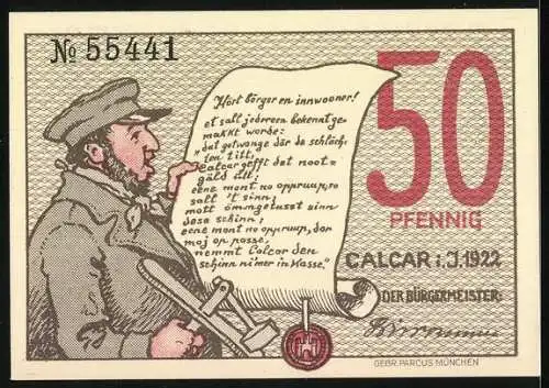 Notgeld Calcar, 1921, 50 Pfennig, Ausrufer und Landschaft mit Mühle