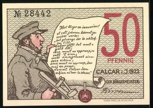 Notgeld Calcar, 1922, 50 Pfennig, historische Stadttor-Illustration und ein Ausrufer mit Proklamation