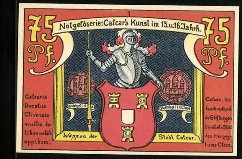 Notgeld Calcar 1922, 75 Pf, Wappen der Stadt Calcar mit Ritter in Rüstung