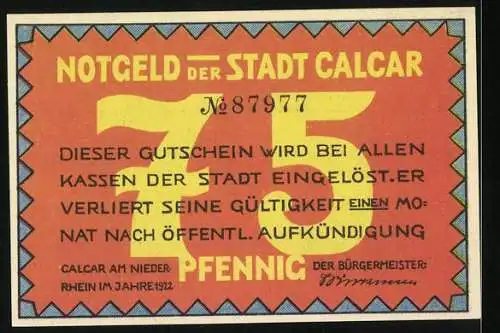Notgeld Calcar 1922, 75 Pf, Wappen der Stadt Calcar mit Ritter in Rüstung