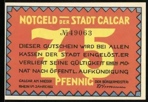 Notgeld Calcar 1922, 75 Pfennig, Meister Loedewich Bildschnitzer des 15. u. 16. Jahrhunderts