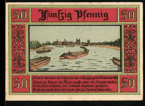 Notgeld Aken / Elbe 1921, 50 Pfennig, Stadtansicht und Stadtwappen mit Schrift