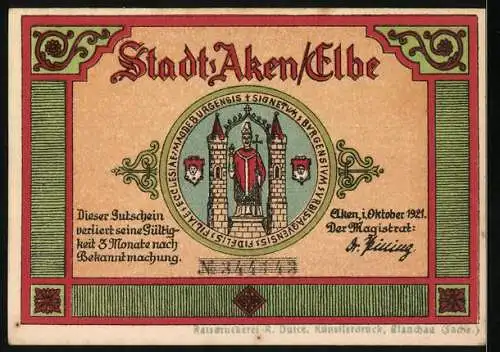 Notgeld Aken / Elbe 1921, 50 Pfennig, Stadtansicht und Stadtwappen mit Schrift