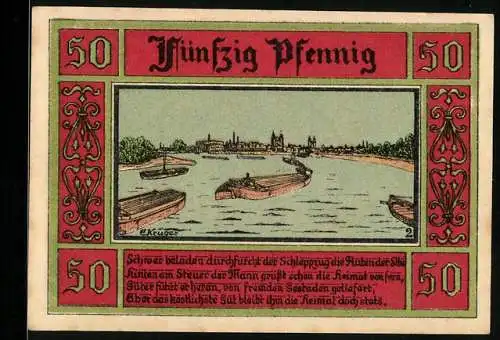 Notgeld Aken / Elbe, 1921, 50 Pfennig, Stadtansicht auf dem Wasser und Stadtwappen