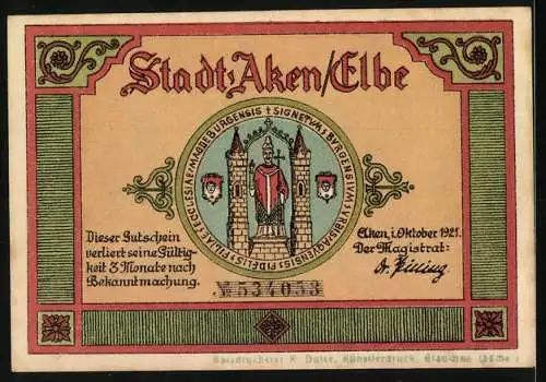 Notgeld Aken / Elbe, 1921, 50 Pfennig, Stadtansicht auf dem Wasser und Stadtwappen