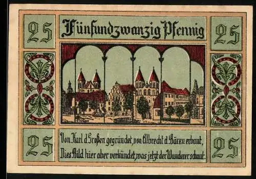 Notgeld Aken (Elbe), 1921, 25 Pfennig, Stadtansicht mit historischen Gebäuden und Stadtwappen