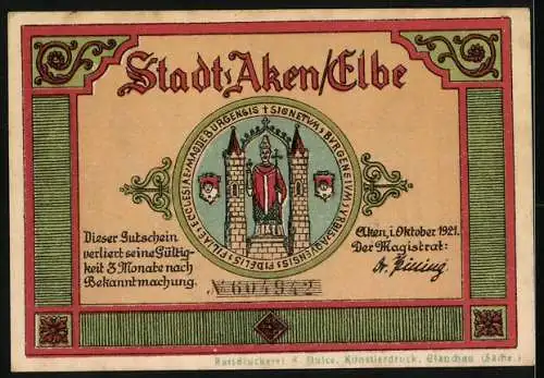 Notgeld Aken (Elbe), 1921, 25 Pfennig, Stadtansicht mit historischen Gebäuden und Stadtwappen
