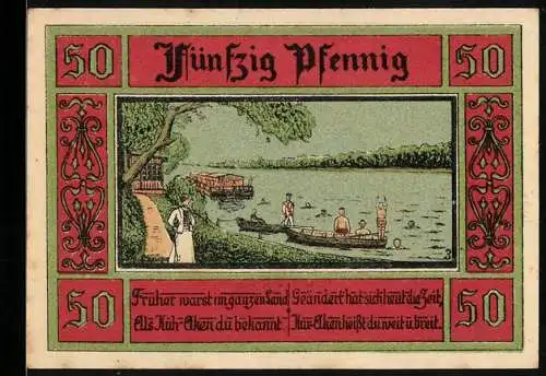 Notgeld Aken Elbe, 1921, 50 Pfennig, Landschaft mit Fluss und Badenden