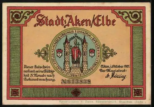 Notgeld Aken Elbe, 1921, 50 Pfennig, Landschaft mit Fluss und Badenden