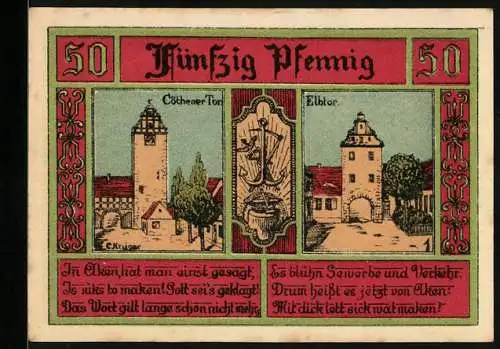 Notgeld Aken / Elbe, 1921, 50 Pfennig, Stadtansichten und Wappen der Stadt