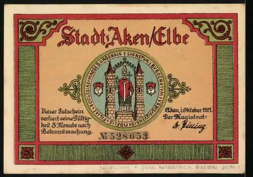 Notgeld Aken / Elbe, 1921, 50 Pfennig, Stadtansichten und Wappen der Stadt