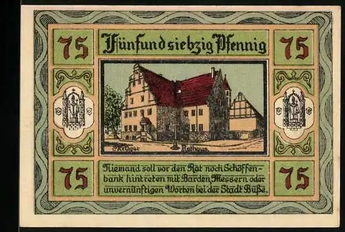 Notgeld Aken / Elbe 1921, 75 Pfennig, farbig illustriertes Rathaus und Wappen