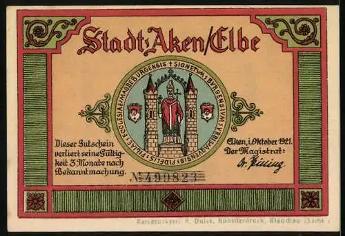 Notgeld Aken / Elbe 1921, 75 Pfennig, farbig illustriertes Rathaus und Wappen