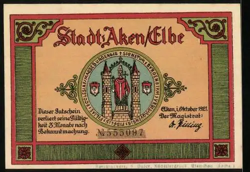 Notgeld Aken / Elbe, 1921, 50 Pfennig, Bade- und Bootszenen am Fluss