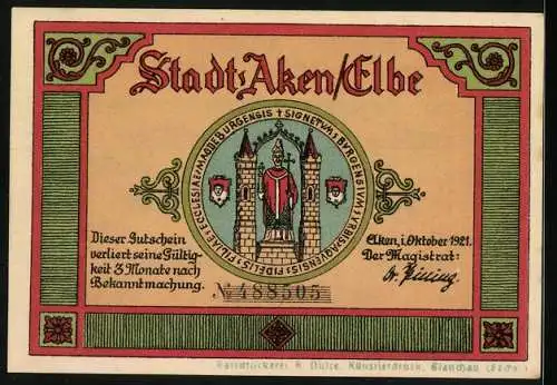 Notgeld Aken / Elbe, 1921, 50 Pfennig, Biber am Wasser und Stadtwappen