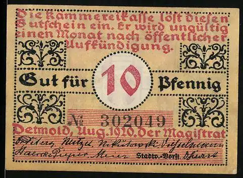 Notgeld Detmold 1920, 10 Pfennig, Stadtwappen und verzierte Muster