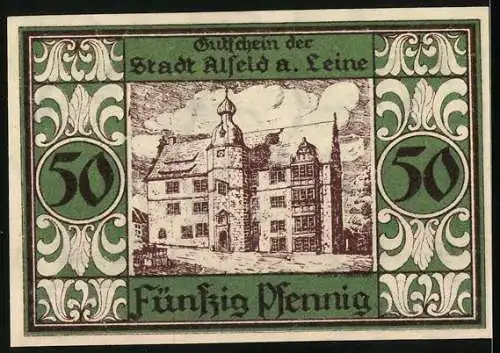 Notgeld Alsfeld an der Leine, 1921, 50 Pfennig, historische Gebäude und Bischof Darstellung