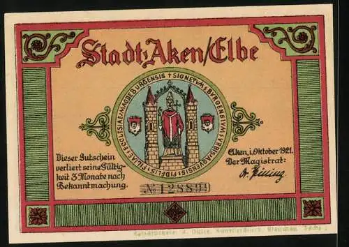 Notgeld Aken / Elbe, 1921, 50 Pfennig, Cothener Tor und Elbtor Abbildungen