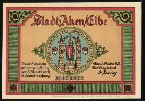 Notgeld Aken / Elbe, 1921, 50 Pfennig, Schifffahrer und Stadtwappen