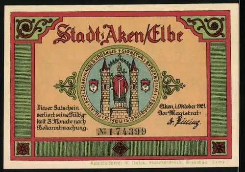 Notgeld Aken / Elbe 1921, 50 Pfennig, Biber und Stadtwappen Illustration