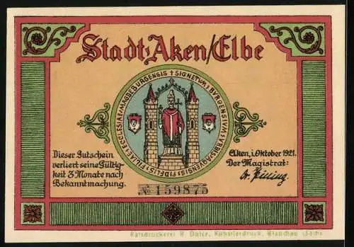 Notgeld Aken / Elbe, 1921, 50 Pfennig, Badegäste am Fluss und Stadtwappen