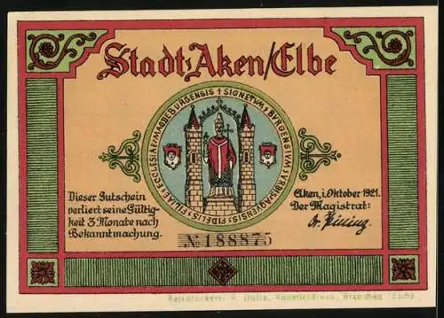 Notgeld Aken / Elbe 1921, 75 Pfennig, Abb. Rathaus, Inschrift und Wappen der Stadt