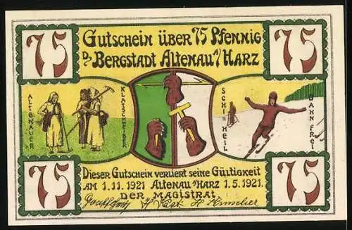 Notgeld Altenau / Harz, 1921, 75 Pfennig, farbenfrohe Szene mit Kurhaus Valdgarten und Wappen berühmter Persönlichkeiten