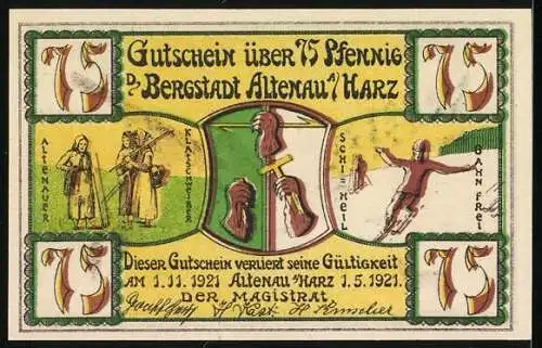 Notgeld Altenau, 1921, 75 Pfennig, Winterlandschaft mit Skifahrer und Hirsch