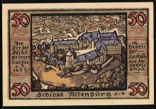 Notgeld Altenburg 1921, 50 Pfennig, Schlossansicht und Stadtwappen mit Hand und Rose