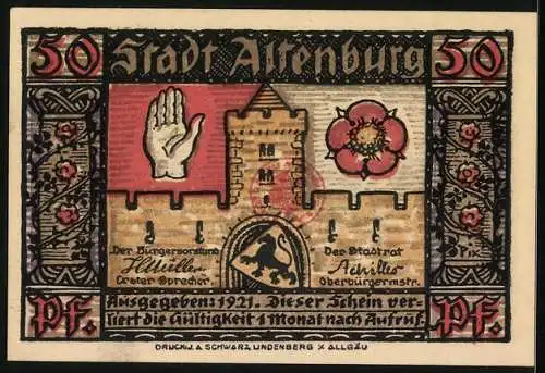 Notgeld Altenburg 1921, 50 Pfennig, Schlossansicht und Stadtwappen mit Hand und Rose