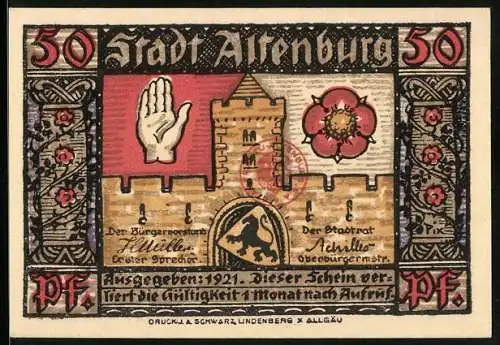 Notgeld Altenburg 1921, 50 Pfennig, Burgmauer und Ritter in Rüstung