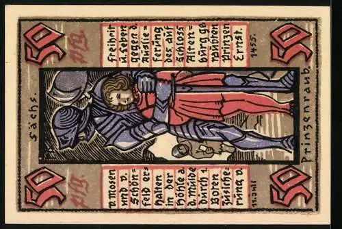 Notgeld Altenburg 1921, 50 Pf, Stadtmauer mit Wappen und Ritter in Rüstung