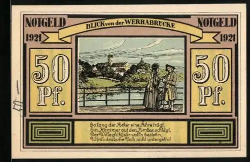 Notgeld Alten und Frauenbreitungen 1921, 50 Pf, Blick von der Werrabrücke und Industriearbeit