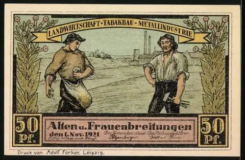 Notgeld Alten und Frauenbreitungen 1921, 50 Pf, Blick von der Werrabrücke und Industriearbeit