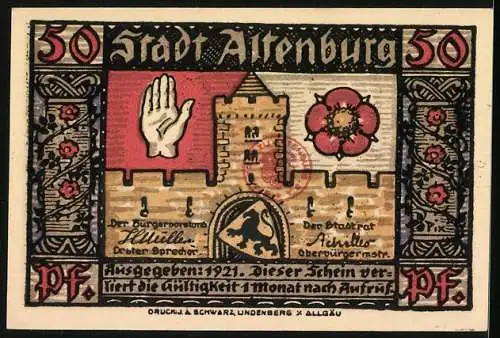 Notgeld Altenburg, 1921, 50 Pfennig, Szene Sächs. Prinzenraub, Wappen