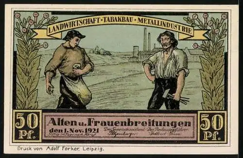 Notgeld Alten - und Frauenbreitungen 1921, 50 Pf, Bauernhof und Industriearbeiter