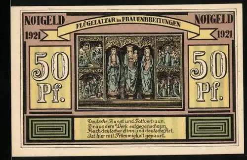 Notgeld Alten - und Frauenbreitungen 1921, 50 Pf, Flügelaltar und Arbeiter in der Landwirtschaft und Industrie