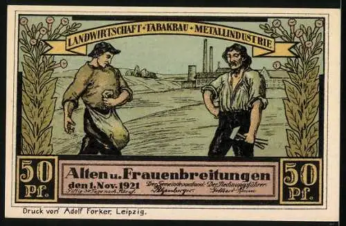 Notgeld Alten - und Frauenbreitungen 1921, 50 Pf, Flügelaltar und Arbeiter in der Landwirtschaft und Industrie