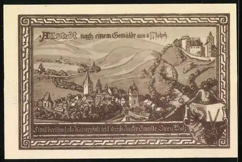 Notgeld Allstedt 1921, 50 Pfennig, historische Stadtansicht und Figuren von Otto II und Otto III