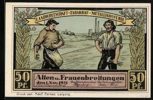 Notgeld Alten und Frauenbreitungen 1921, 50 Pf, Landwirtschaft Tabakanbau Metallindustrie und Bauernhof Abbildungen